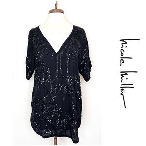 NICOLE MILLER Holiday Embellished Black Sequin Top S